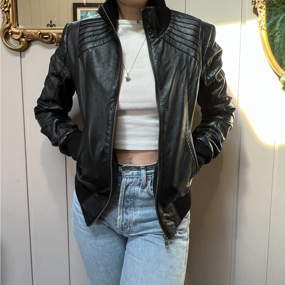 Black Danier leather bomber jacket 2XS